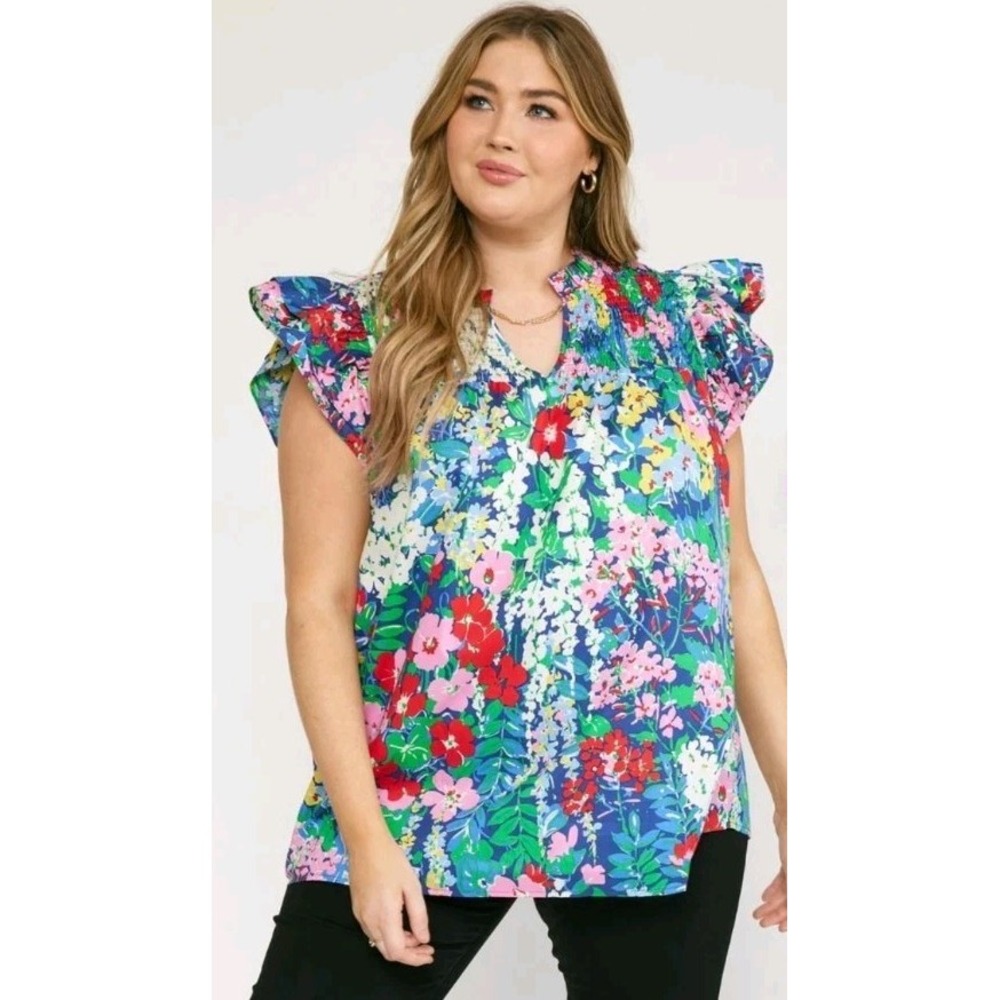 Entro Floral Ruffle Sleeve Smocked V Neck Blouse Multicolor Cottagecore Large